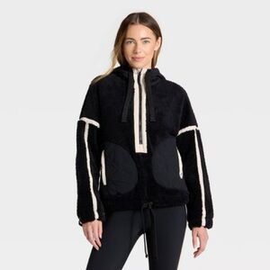 JoyLab Contrast High Pile 1/2 Zip Lodge Jacket, Sz XXS - Black/Off-white